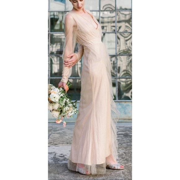 Long Sleeve Plunge Neckline Formal Gown - Nude/Glitter - M