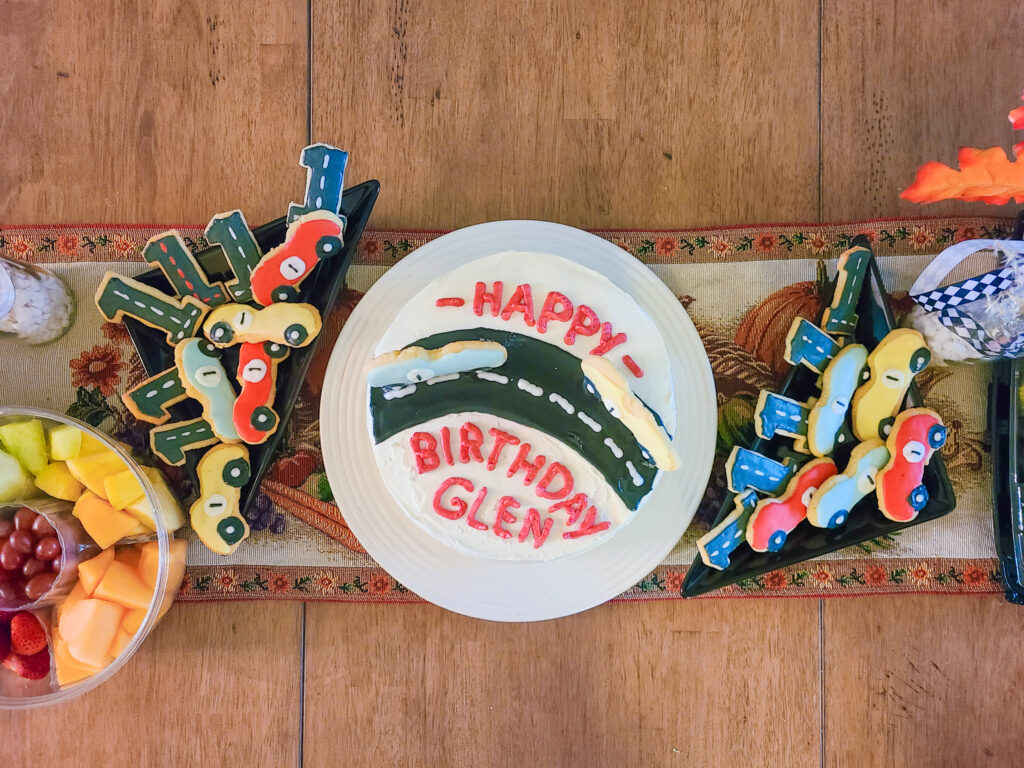 first birthday race car cake and race car cookies
