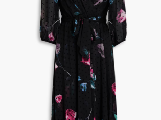 DKNY Floral Print Chiffon Wrap 3/4 Sleeve Lined Midi Dress